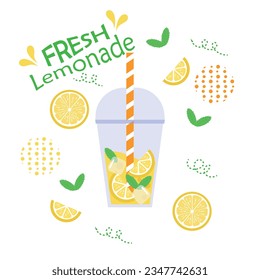 Fresh Lemonade with pieces of lemon and mint, with ice. Vector illustration hand written text.