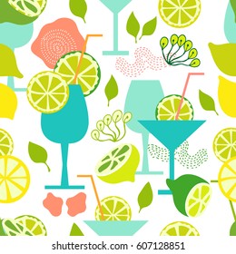 Fresh lemonade. Seamless vector pattern with cold drinks and limes. 1950s-1960s motifs. Retro textile collection.