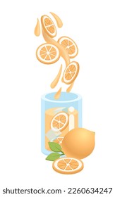 Fresh Lemonade, slices of lemon and whole lemon with leaf on white background. Slice fall into jar. Summer exotic fresh sour drink. Home made Lemonade beverage, poster, template. Vector illustration. 