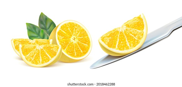 Fresh lemonade splashing with slice of pieces in the middle isolated on white background. Realistic vector in 3D illustration.