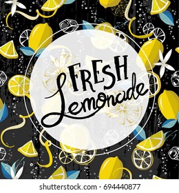 Fresh lemons background. Banner with fresh fruits,ice, soda water, lemon slices, lemon peel, bubbles of gas and lettering. Decorative illustration, good for printing advertising