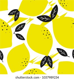 Fresh lemons background. Hand drawn overlapping backdrop. Colorful wallpaper vector. Seamless pattern with citrus fruits collection. Decorative illustration, good for printing