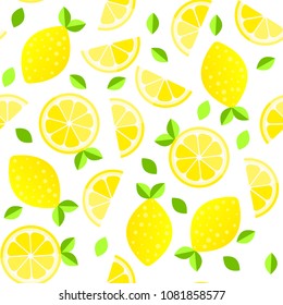 Fresh lemons background. Hand drawn overlapping backdrop. Colorful wallpaper vector. Seamless pattern with citrus fruits collection.