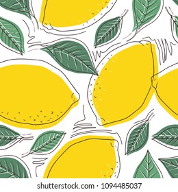 Fresh lemons background. Hand drawn overlapping backdrop. Colorful wallpaper vector. Seamless pattern with citrus fruits collection. Decorative illustration, good for printing