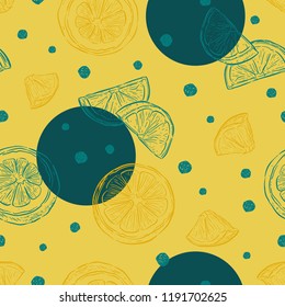 Fresh lemons background, hand drawn . Colorful seamless pattern with fresh fruits collection. Decorative illustration, good for printing