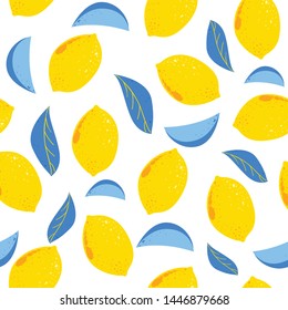 Fresh lemons background. Hand drawn overlapping backdrop. Seamless pattern with citrus fruits collection. Decorative illustration, good for printing