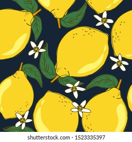 Fresh lemons, background. Hand drawn overlapping backdrop. Colorful wallpaper vector. Seamless pattern with citrus fruits. Decorative illustration, good for printing