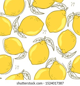 Fresh lemons, background. Hand drawn overlapping backdrop. Colorful wallpaper vector. Seamless pattern with citrus fruits. Decorative illustration, good for printing