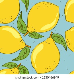 Fresh lemons, background. Hand drawn overlapping backdrop. Colorful wallpaper vector. Seamless pattern with citrus fruits. Decorative illustration, good for printing