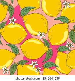 Fresh lemons, background. Hand drawn overlapping backdrop. Colorful wallpaper vector. Seamless pattern with citrus fruits. Decorative illustration, good for printing