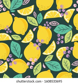 Fresh lemons background. Hand drawn overlapping backdrop. Colorful wallpaper vector. Seamless pattern with citrus fruits collection. Decorative illustration, good for printing