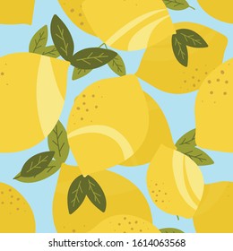 Fresh lemons, background. Hand drawn overlapping backdrop. Colorful wallpaper vector. Seamless pattern with citrus fruits. Decorative illustration, good for printing