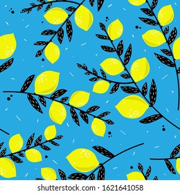 Fresh lemons, background. Hand drawn overlapping backdrop. Colorful wallpaper vector. Seamless pattern with citrus fruits. Decorative illustration, good for printing