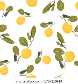 Fresh lemons background. Hand drawn fruit branches. Colorful wallpaper. Seamless pattern with citrus fruits. Decorative illustration, good for printing. White backdrop.