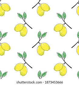 Fresh lemons background. Hand drawn overlapping backdrop. Colorful wallpaper vector. Seamless pattern with citrus fruits. Decorative illustration, good for printing, menu, cartoons, cards, posters.