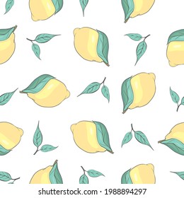 Fresh lemons background, hand drawn icons. Colorful seamless pattern with fresh fruits collection. Decorative illustration, good for printing