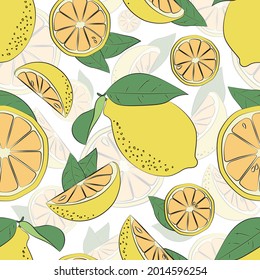 Fresh lemons background. Hand drawn overlapping backdrop. Colorful wallpaper vector. Seamless pattern with fresh fruits collection. Decorative illustration, good for printing
