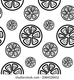 Fondo de limones frescos, iconos dibujados a mano. Vector de fondo de pantalla colorido. Patrón inmaculado con colección de frutas frescas. Ilustración decorativa, buena para imprimir. Símbolo de verano. Estilo Doodle.
