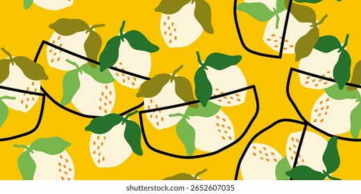 Fondo de limones frescos. Fondo superpuesto dibujado a mano. Colorido Vector de Fondo de pantalla. Patrón sin fisuras con colección de cítricos. Ilustración decorativa, buena para imprimir
