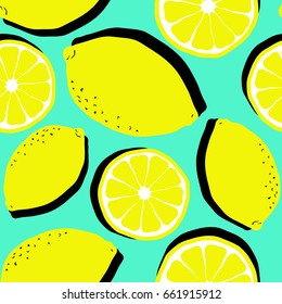 Fresh lemons background. Hand drawn overlapping backdrop. Colorful wallpaper vector. Seamless pattern with fresh fruits collection. Decorative illustration, good for printing