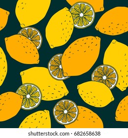 Fresh lemons background. Hand drawn overlapping backdrop. Colorful wallpaper vector. Seamless pattern with fresh fruits collection. Decorative illustration, good for printing