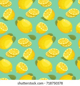 Fresh lemons background, hand drawn icons. Seamless pattern with fresh fruit collection. A bright background. Decorative illustration, good for printing. The symbol of summer and health.