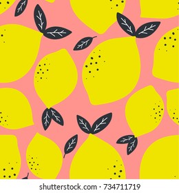 Fresh lemons background. Hand drawn overlapping backdrop. Colorful wallpaper vector. Seamless pattern with citrus fruits collection. Decorative illustration, good for printing