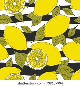 Fresh lemons background. Hand drawn overlapping backdrop. Colorful wallpaper vector. Seamless pattern with citrus fruits collection. Decorative illustration, good for printing