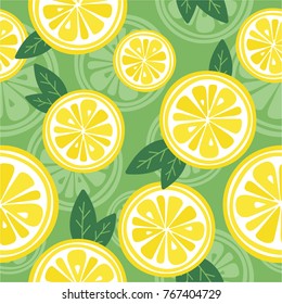 Fresh lemons background. Hand drawn overlapping backdrop. Colorful wallpaper vector. Seamless pattern with citrus fruits collection. Decorative illustration, good for printing