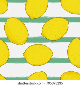 Fresh lemons background, hand drawn icons. Doodle wallpaper vector. Colorful seamless pattern with fresh fruits collection. Decorative illustration, good for printing