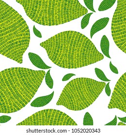 Fresh lemons background. Seamless pattern with lemon embroidery stitches imitation. Vector citrus fruits collection.