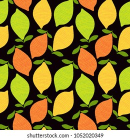 Fresh lemons background. Seamless pattern with lemon embroidery stitches imitation. Vector citrus fruits collection.