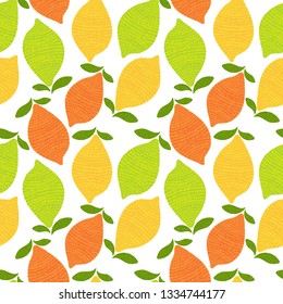Fresh lemons background. Seamless pattern with lemon embroidery stitches imitation. Vector citrus fruits collection.