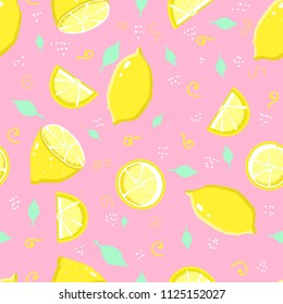 Fresh lemons background. Summer seamless pattern. Colorful wallpaper vector. Seamless pattern with citrus fruits collection. Decorative illustration, good for printing