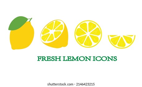 Fresh lemons. Half and whole lemon fruit on white background. Flat vector illustration.