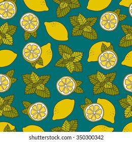 Fresh lemons hand drawn background. Colorful wallpaper vector. Seamless pattern with fresh fruits collection. Decorative illustration, good for printing