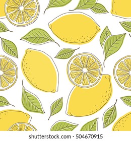 Fresh lemons hand drawn background. Doodle wallpaper vector. Colorful seamless pattern with fresh fruits. Decorative illustration, good for printing