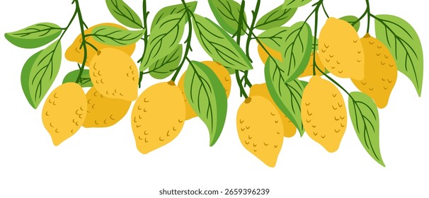 Limones frescos colgando de ramas con hojas verdes en una amplia composición de Anuncio. Símbolo de verano, frescura y estilo de vida orgánico