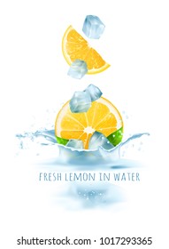 Fresh lemons and ice cubes falling in water. Vector illustration.