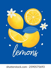 Fresh Lemons Illustration on Blue Background, Vibrant digital illustration of fresh lemons, lemon slices, and white blossoms on a deep blue background, kitchen decor, food packaging, greeting cards