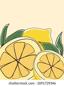Fresh lemons isolated on yellow background. Vegetarian concept. Vector illustration. Flat style. Vector greeting card for your design.