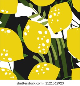 Fresh lemons, leaves background. Hand drawn overlapping backdrop. Colorful wallpaper vector. Seamless pattern with citrus fruits collection. Decorative illustration, good for printing