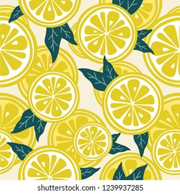 Fresh lemons, leaves background. Hand drawn overlapping backdrop. Colorful wallpaper vector. Seamless pattern with citrus fruits collection. Decorative illustration, good for printing