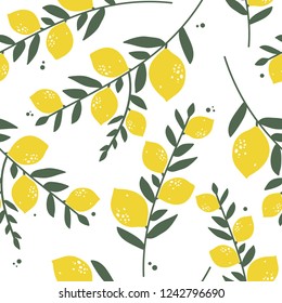 Fresh lemons, leaves background. Hand drawn overlapping backdrop. Colorful wallpaper vector. Seamless pattern with citrus fruits collection. Decorative illustration, good for printing