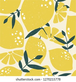 Fresh lemons, leaves background. Hand drawn overlapping backdrop. Colorful wallpaper vector. Seamless pattern with citrus fruits collection. Decorative illustration, good for printing