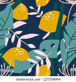 Fresh lemons, leaves background. Hand drawn overlapping backdrop. Colorful wallpaper vector. Seamless pattern with citrus fruits collection. Decorative illustration, good for printing