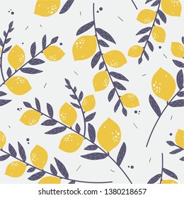 Fresh lemons, leaves background. Hand drawn overlapping backdrop. Colorful wallpaper vector. Seamless pattern with citrus fruits. Decorative illustration, good for printing