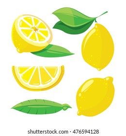 Fresh lemons with leaves, lemon slice isolated on white, vector set in cartoon style
