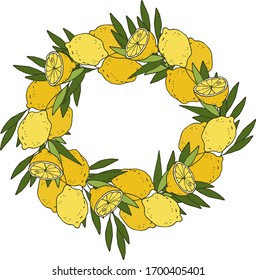 Fresh lemons and leaves. For menu or vacation design. Hand drawn vector illustration on a white background. 