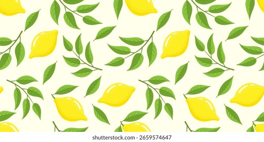 Limones frescos con hojas sin patrón. Ilustración vectorial.